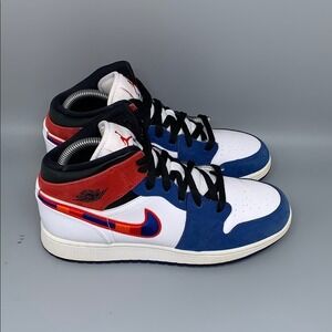 Jordan 1 Mid SE GS Blue Red Basktball Shoes BQ6931-146 Women's Sz 8.5 Men's Sz7Y